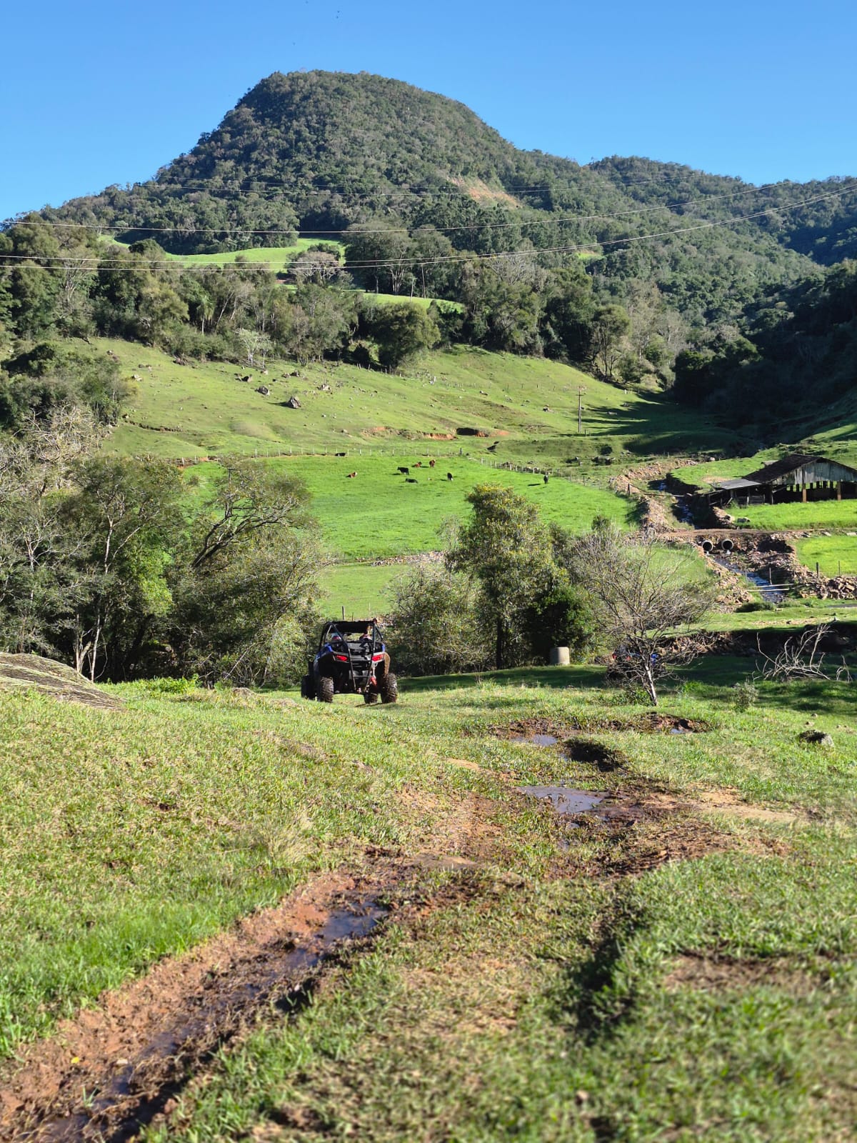 UTV descendo por um campo verde em direção a um vale cercado por morros
