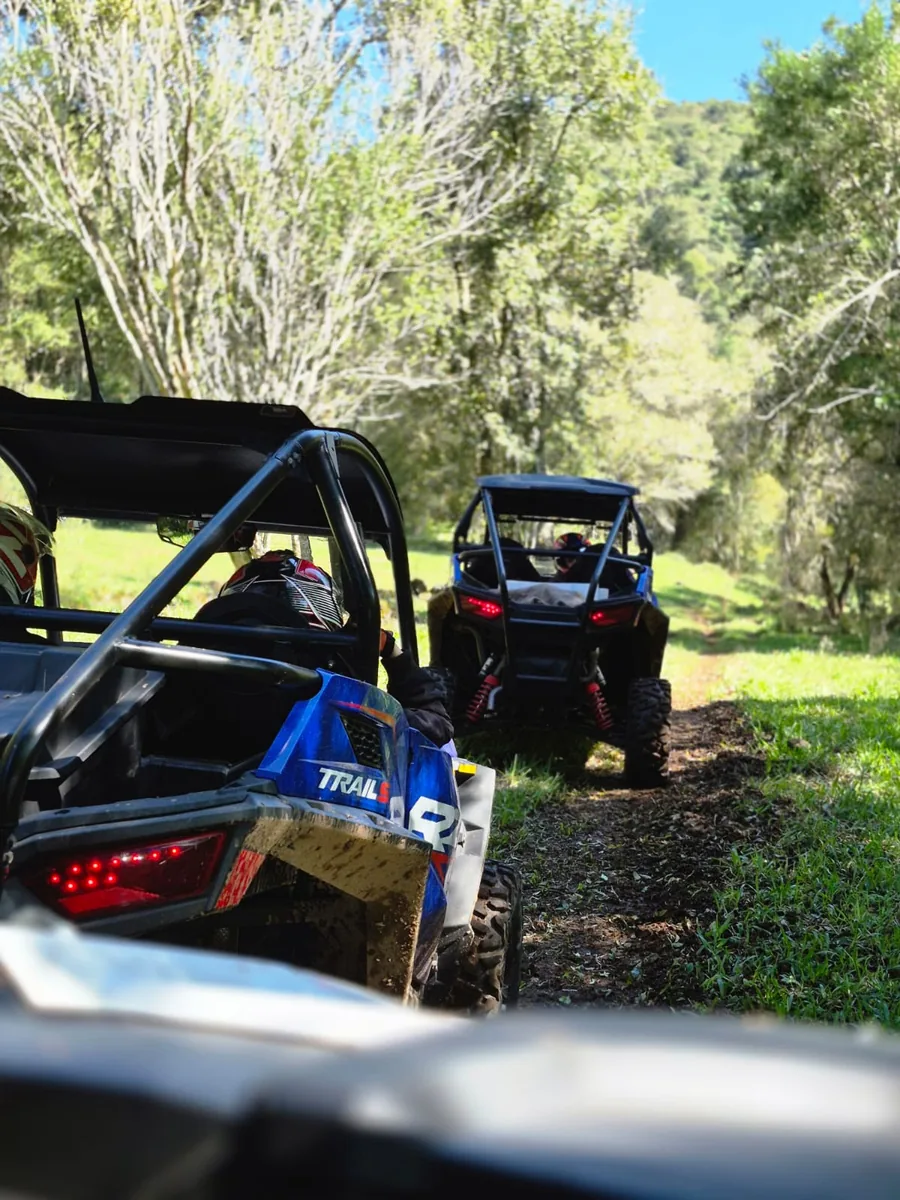 Dois Polaris RZR azuis parados lado a lado numa trilha de grama e terra